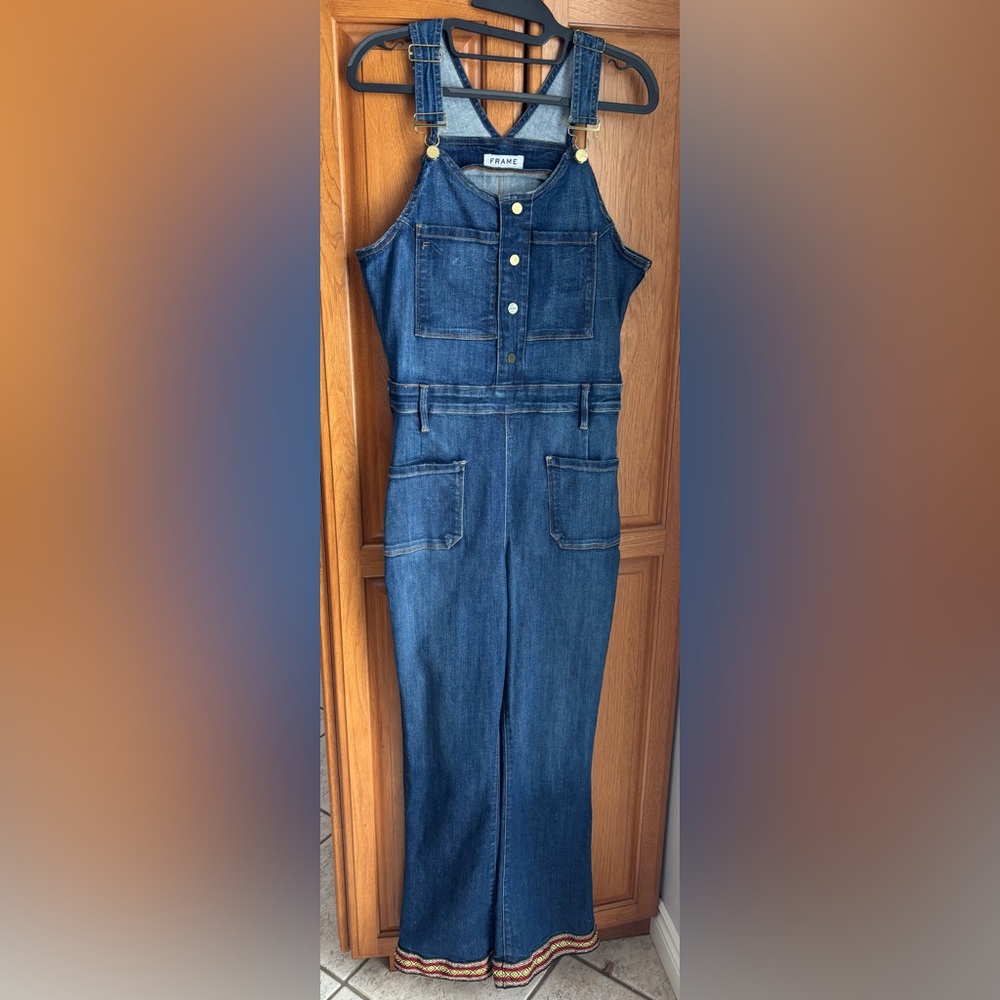 FRAME DENIM OVERALLS, SZ L, DETAILED HEM